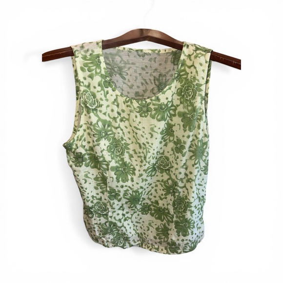 Source Unknown Tops - Vintage Sleeveless Green Rose Floral Garden Tank Top Fairy-core Cottage-core